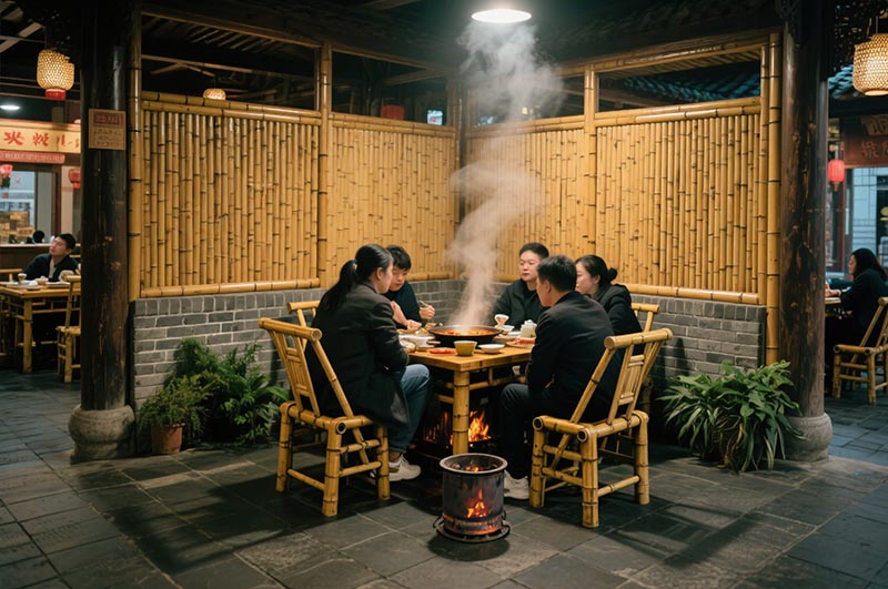 采用竹、木、青磚等傳統材質的火鍋店裝修效果圖