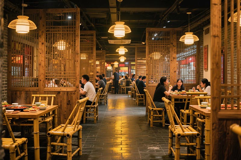 采用竹、木、青磚等傳統材質的火鍋店裝修效果圖